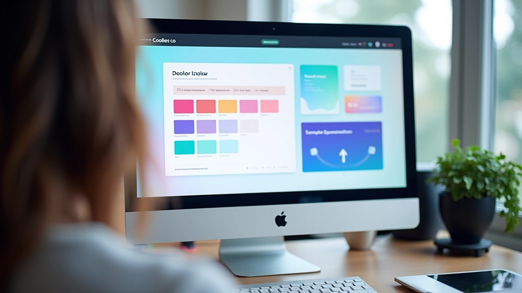 Schermata di Coolors.co con palette generata, codici hex visibili, interfaccia del tool con bottone di refresh, monitor desktop moderno