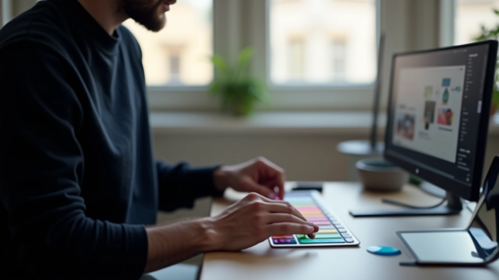 Designer che seleziona colori su tavolozza digitale, studio creativo moderno, luce naturale da finestra, focus su mani e monitor