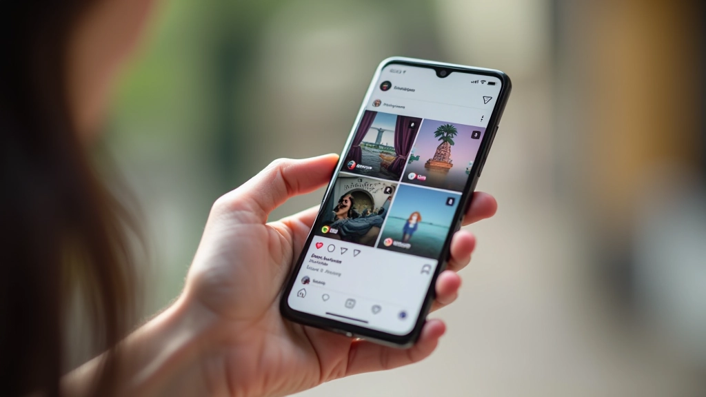 Schermata di Instagram Reels mostrando 4 video contemporaneamente con palette di colori diverse ma coerenti, layout grid, luce uniforme