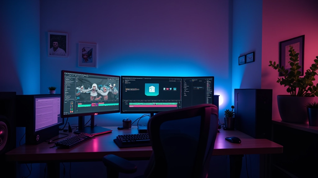 Studio di motion design moderno con monitor che mostrano timeline di animazione e software di editing professionale