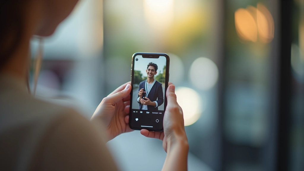 Persona che guarda smartphone con video in riproduzione, schermo mostra animazione di testo con timeline visibile