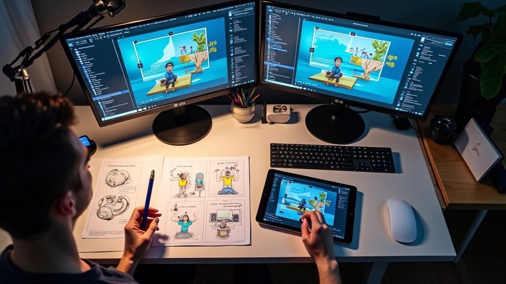 Tavolo di lavoro con monitor che mostra un progetto di motion design, tastiera, mouse e appunti di storyboard colorati